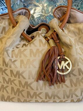Michael Kors Beige and Brown Logo Drawstring Bucket Bag